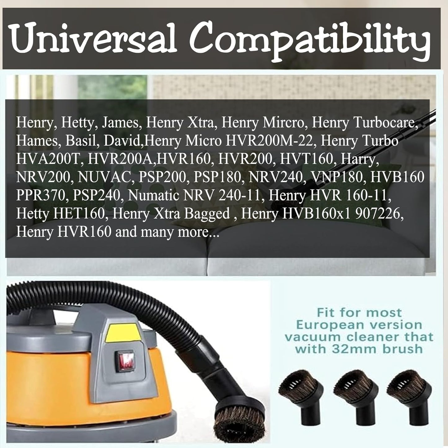 Pack of 2 Universal Round Horse Hair Brush Head for Henry Hoover